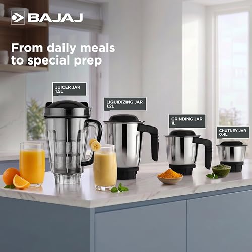 Bajaj Military Series Rex 750W 4 Jar Mixer Grinder | DuraCut Blades | 2-In-1 Function Blade In Dry Jar | 2 Yrs Warranty