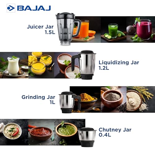 Bajaj Military Series Rex 750W 4 Jar Mixer Grinder | DuraCut Blades | 2-In-1 Function Blade In Dry Jar | 2 Yrs Warranty