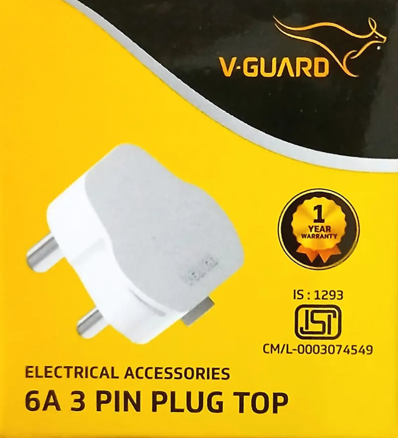 V-Guard 6A 3-Pin Electric Plug – Heavy-Duty Brass Pins, Flame Retardant Body