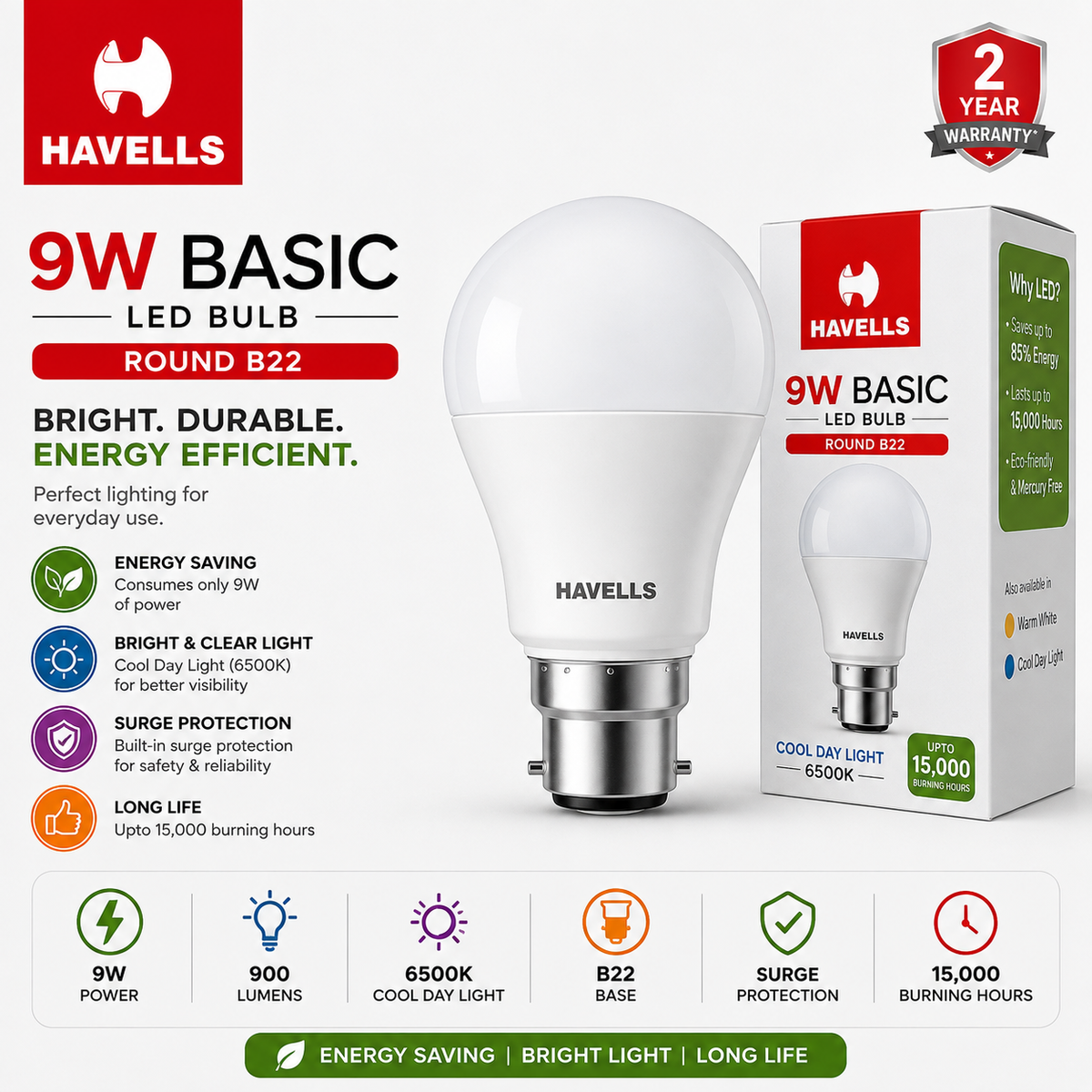 Havells 9W Basic Round B22 LED Bulb