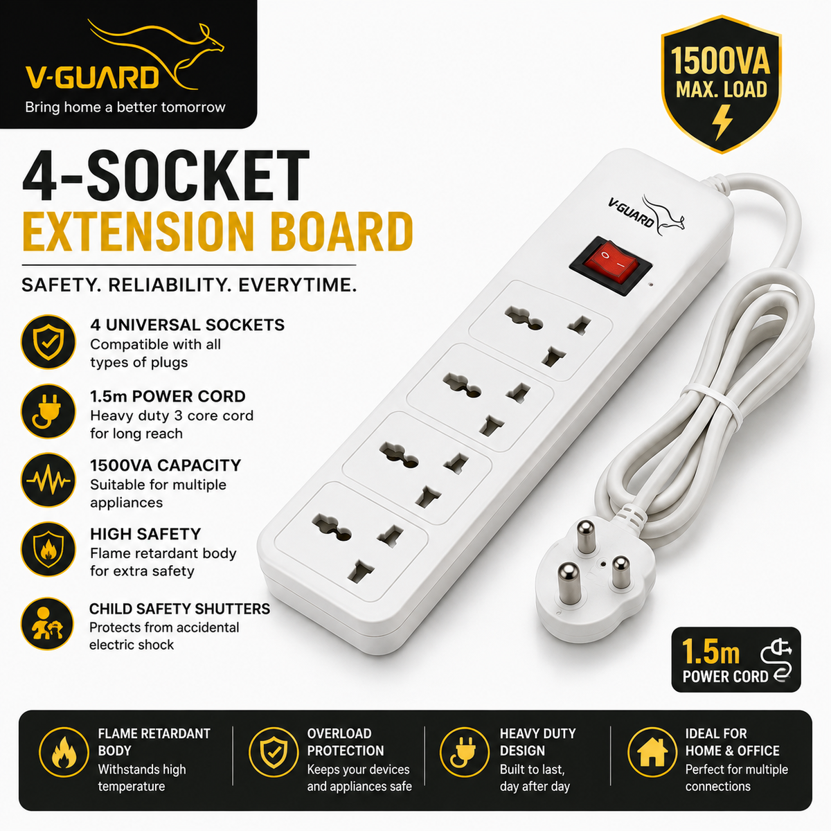 V-Guard 4-Socket Extension Board – 1500VA, 1.5m Cord