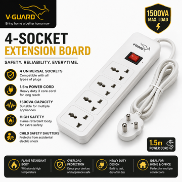 V-Guard 4-Socket Extension Board – 1500VA, 1.5m Cord